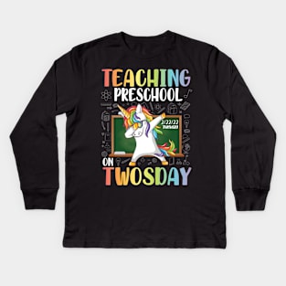 Unicorn Dabbin Teaching Preschool On Twosday 2/22/22 Tuesday Kids Long Sleeve T-Shirt